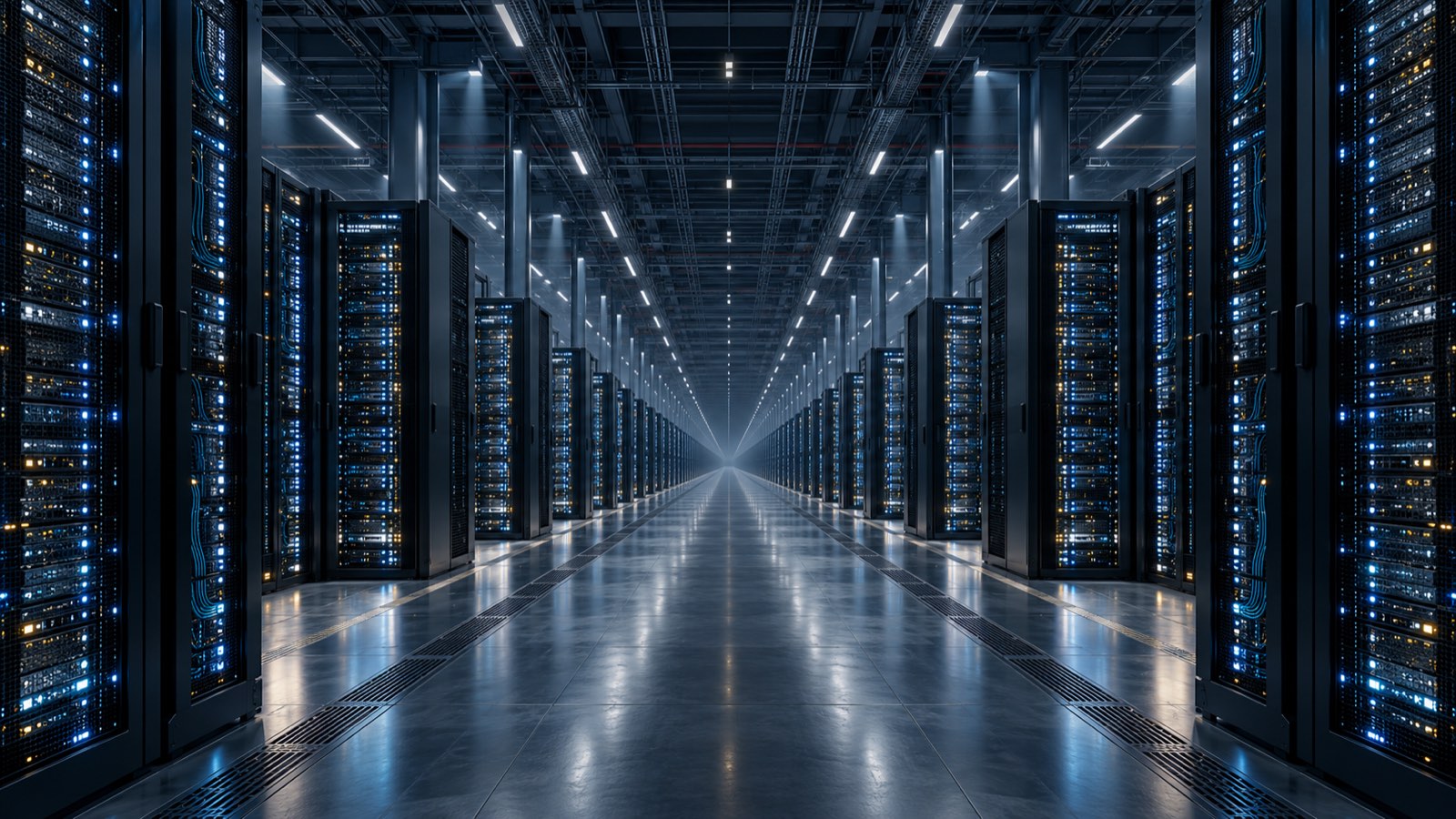 Gang zwischen Serverschränken, der sich zum Horizont verjüngt